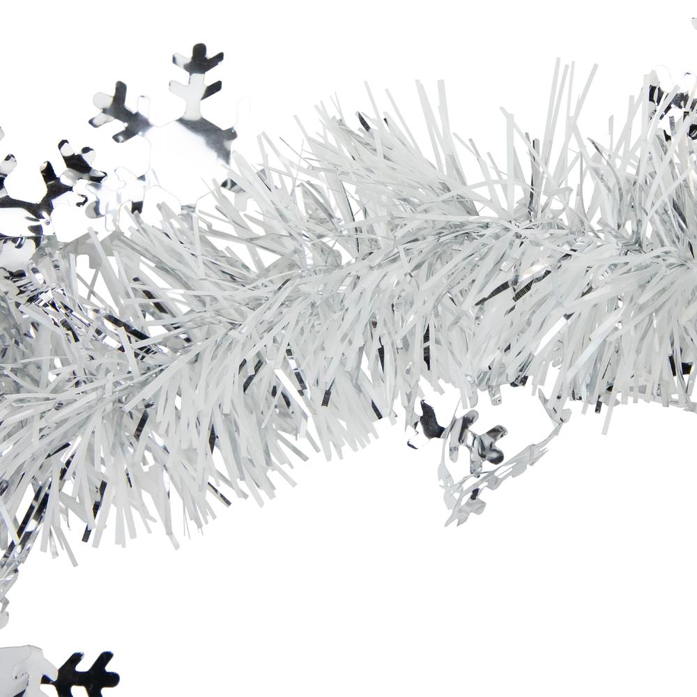 50' x 2" White and Silver Christmas Tinsel Garland with Snowflakes - Unlit. Picture 6