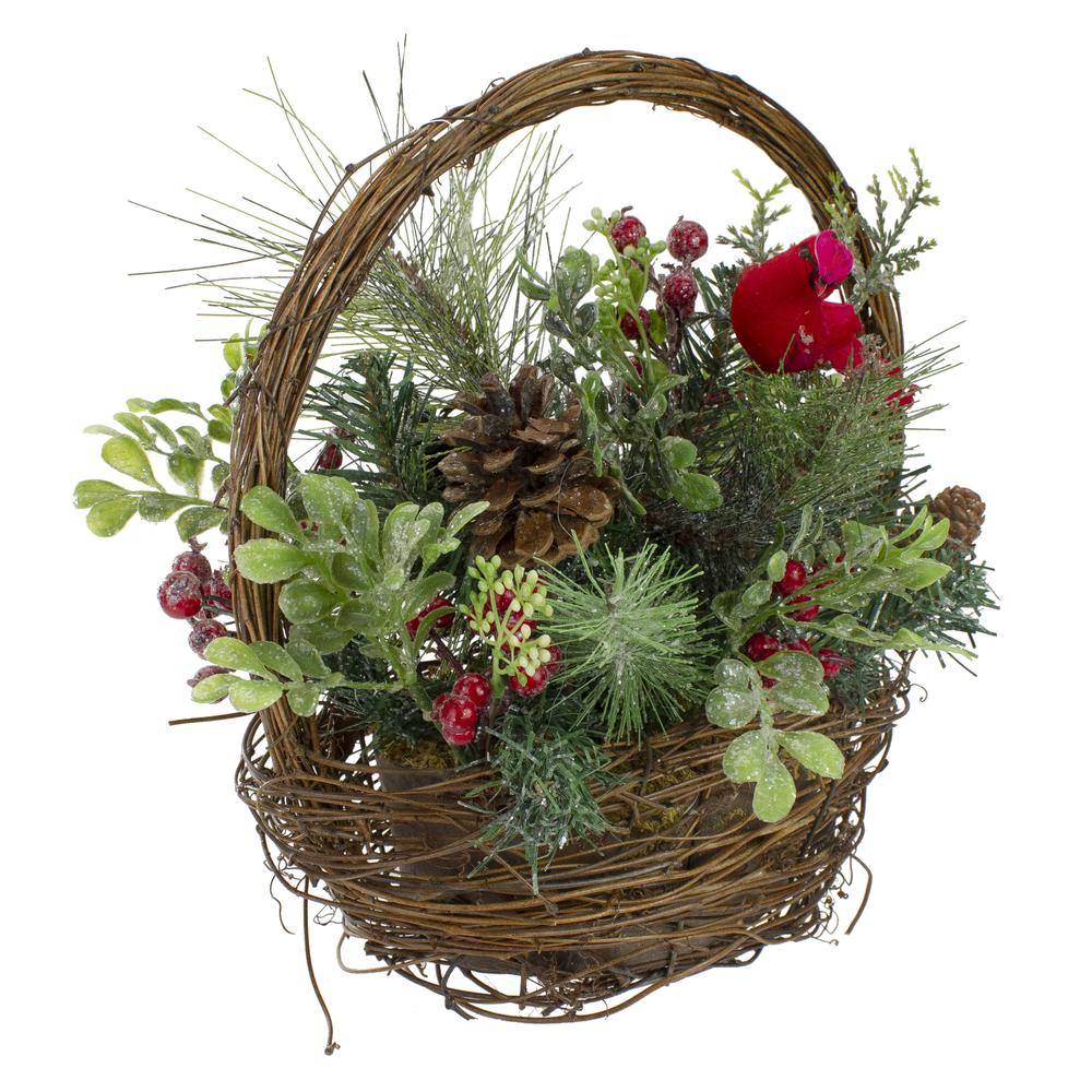 12" Red Cardinal with Winter Foliage Twig Basket Christmas Decoration. Picture 6