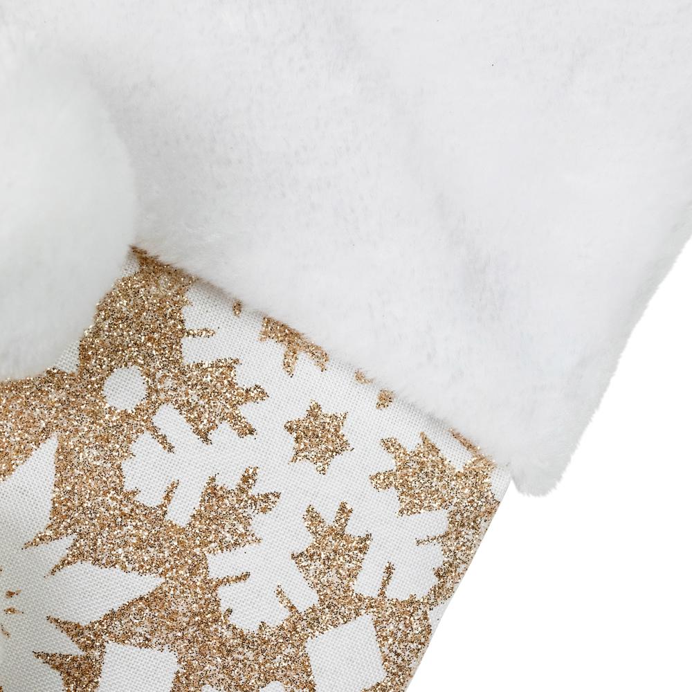 20.5" Glittered Gold Christmas Stocking with Snowflakes and Pom Poms. Picture 6