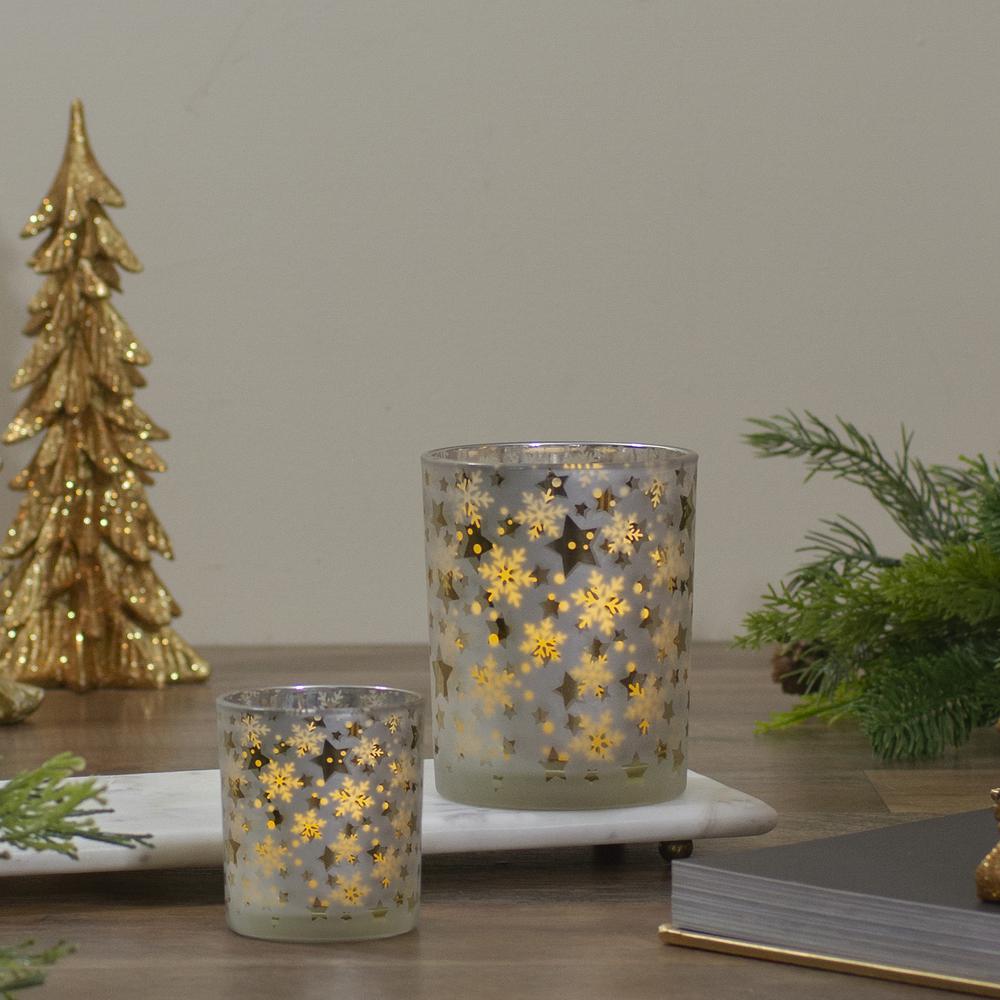 5" Matte Silver and Gold Stars and Snowflakes Flameless Glass Candle Holder. Picture 2