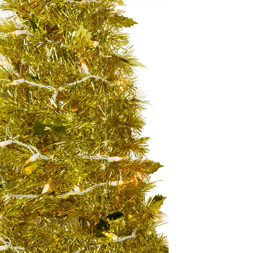 4' Pre-Lit Gold Tinsel Pop-Up Artificial Christmas Tree  Clear Lights. Picture 2