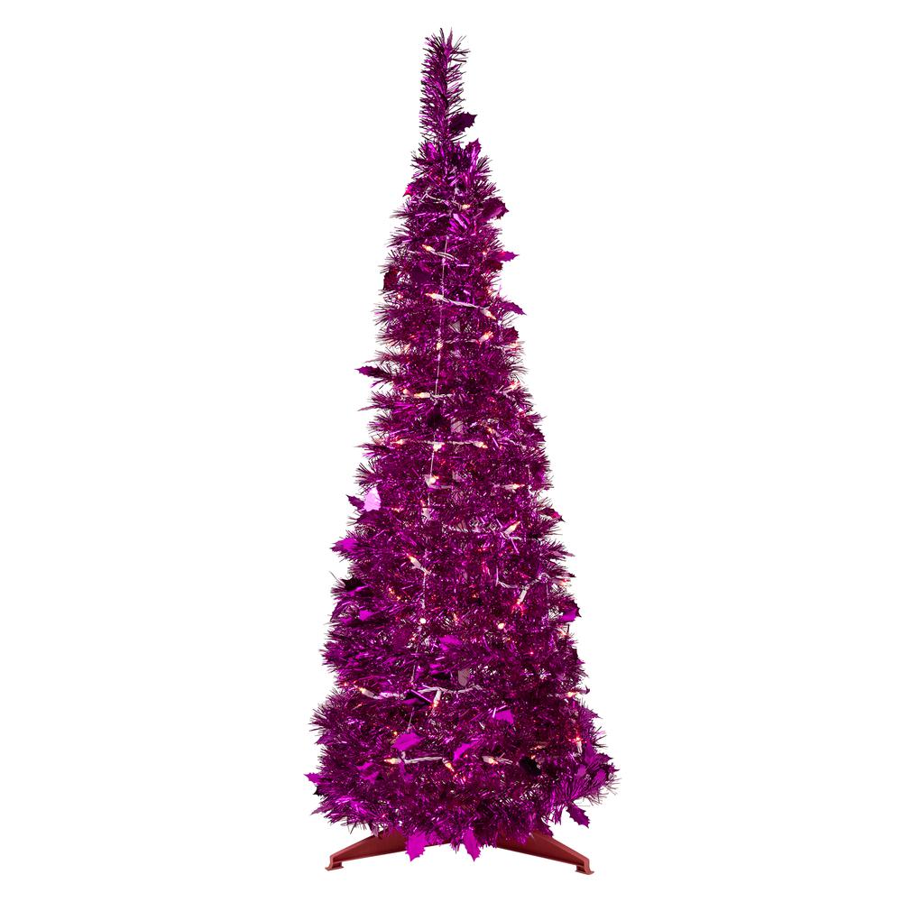 4' Pre-Lit Pink Tinsel Pop-Up Artificial Christmas Tree  Clear Lights. Picture 1
