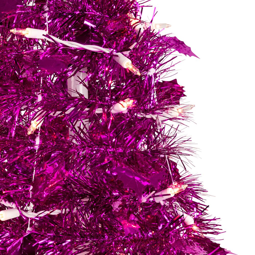 4' Pre-Lit Pink Tinsel Pop-Up Artificial Christmas Tree  Clear Lights. Picture 3