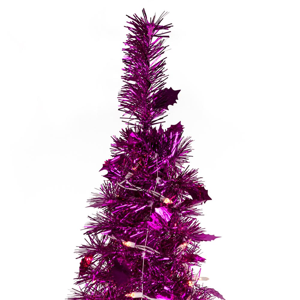 4' Pre-Lit Pink Tinsel Pop-Up Artificial Christmas Tree  Clear Lights. Picture 5