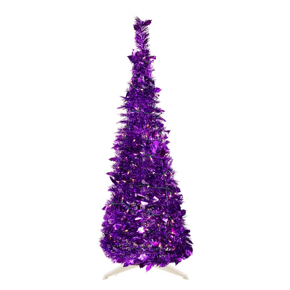 4' Pre-Lit Purple Tinsel Pop-Up Artificial Christmas Tree  Clear Lights. Picture 1