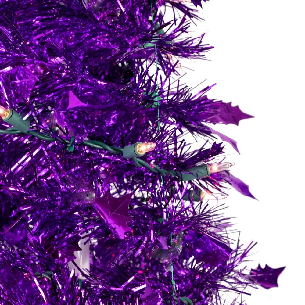 4' Pre-Lit Purple Tinsel Pop-Up Artificial Christmas Tree  Clear Lights. Picture 3