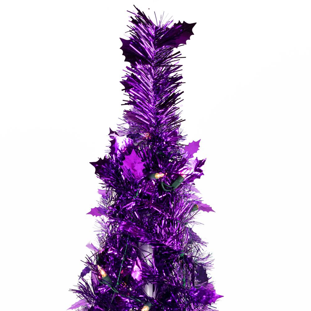 4' Pre-Lit Purple Tinsel Pop-Up Artificial Christmas Tree  Clear Lights. Picture 5