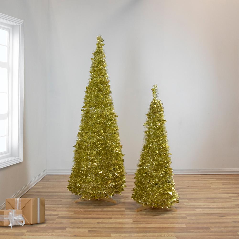 4' Gold Tinsel Pop-Up Artificial Christmas Tree  Unlit. Picture 2