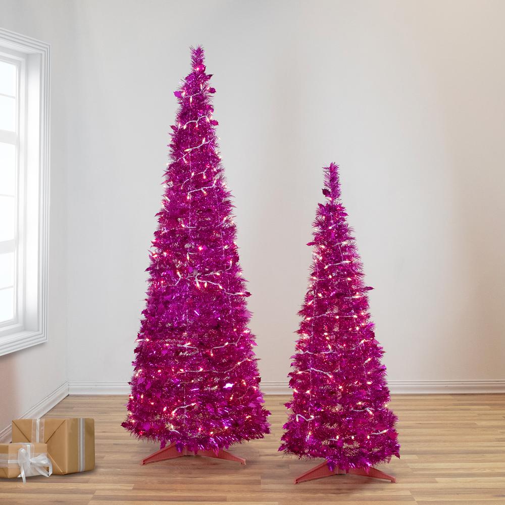 4' Pre-Lit Pink Tinsel Pop-Up Artificial Christmas Tree  Clear Lights. Picture 2