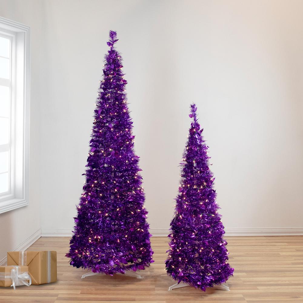 4' Pre-Lit Purple Tinsel Pop-Up Artificial Christmas Tree  Clear Lights. Picture 2