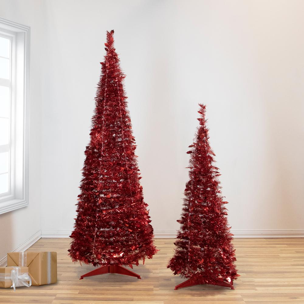 4' Red Tinsel Pop-Up Artificial Christmas Tree  Unlit. Picture 2