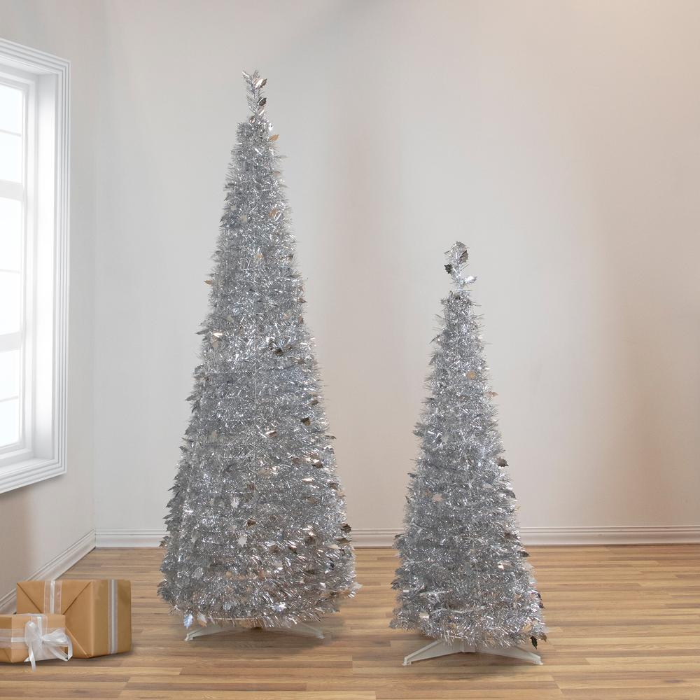4' Silver Tinsel Pop-Up Artificial Christmas Tree  Unlit. Picture 2