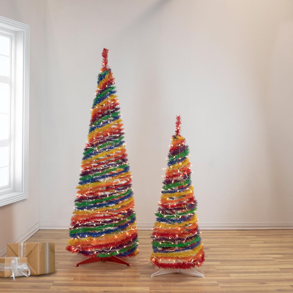 6' Pre-Lit Rainbow Tinsel Pop-Up Artificial Christmas Tree  Clear Lights. Picture 2