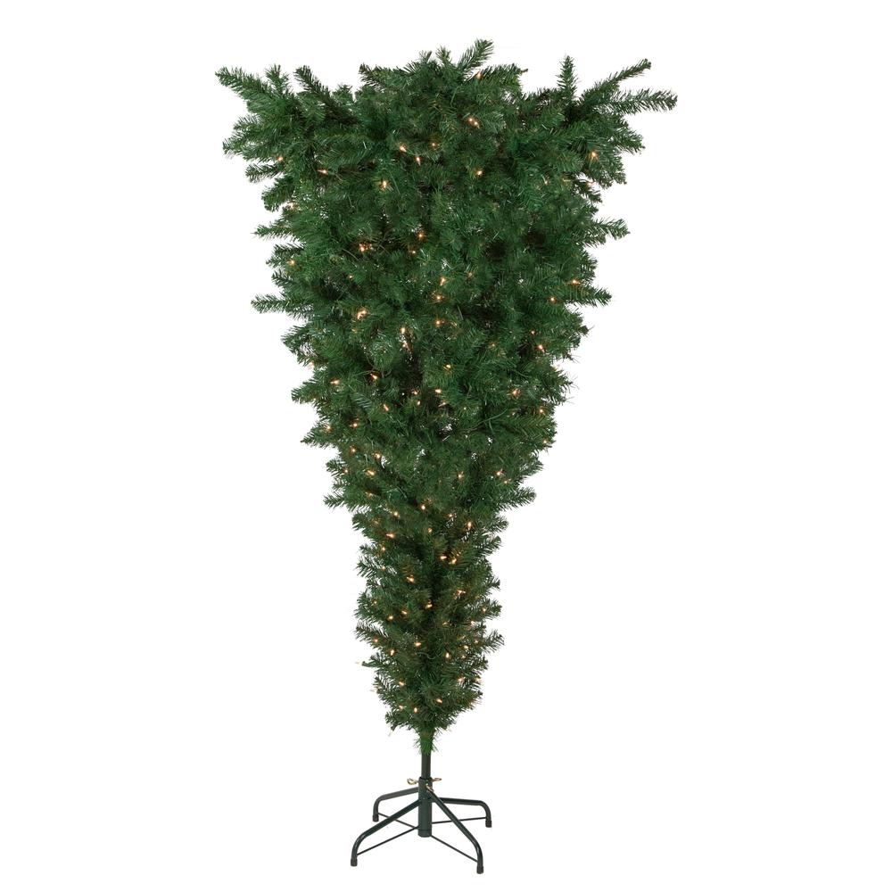 7.5' Pre-Lit Green Upside Down Spruce Artificial Christmas Tree  Clear Lights. Picture 1