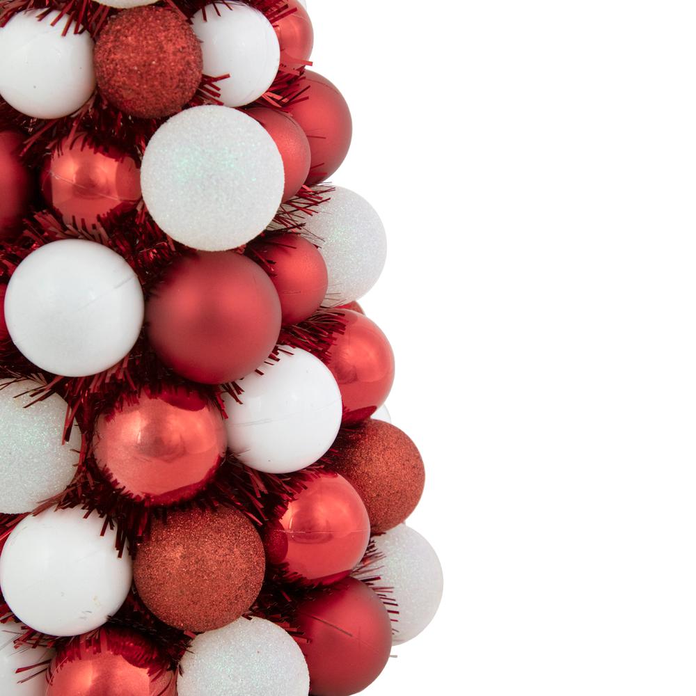 15.75" Red and White 3-Finish Shatterproof Ball Christmas Tree with Tinsel. Picture 6