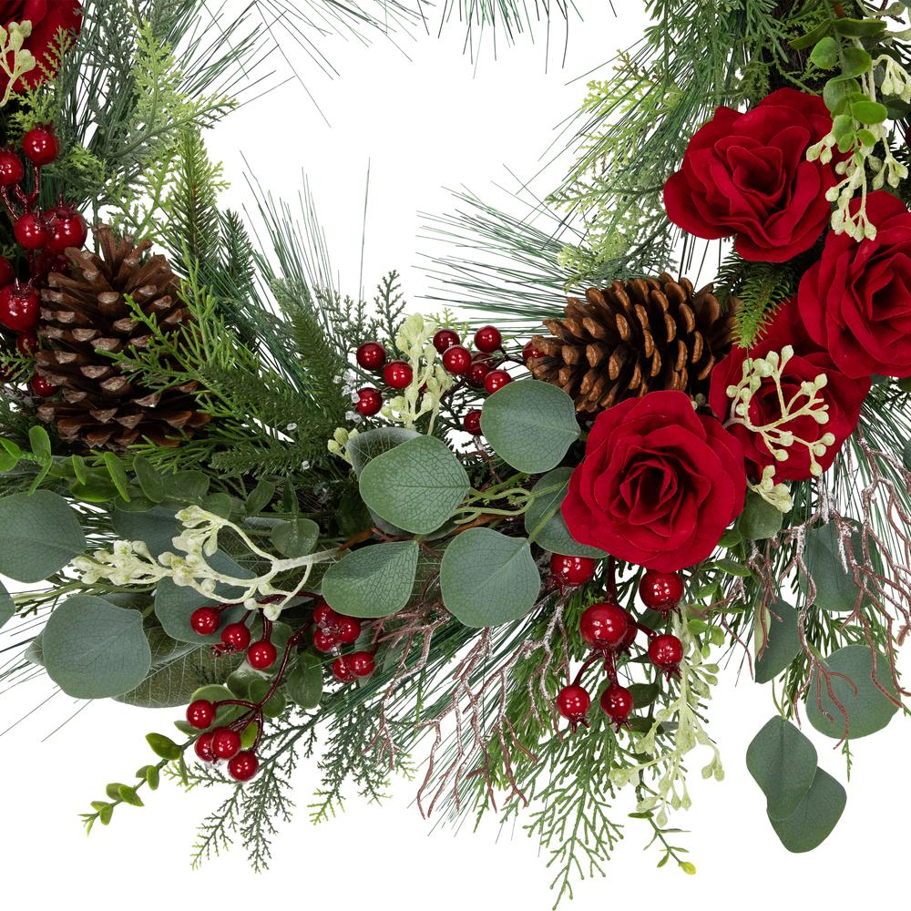 Mixed Foliage Roses and Berries Artificial Christmas Wreath - 30"  Unlit. Picture 6
