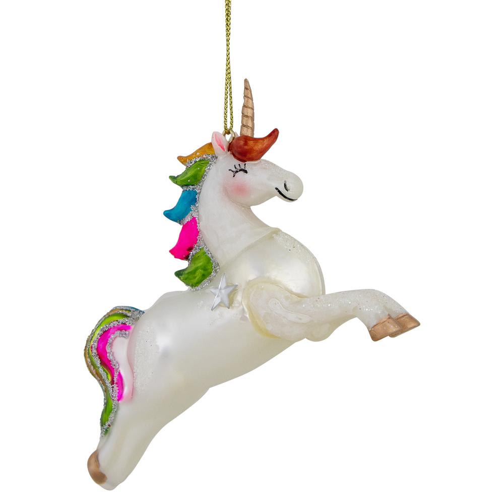 4.5" White Unicorn with Rainbow Mane Glittered Christmas Glass Ornament. Picture 6
