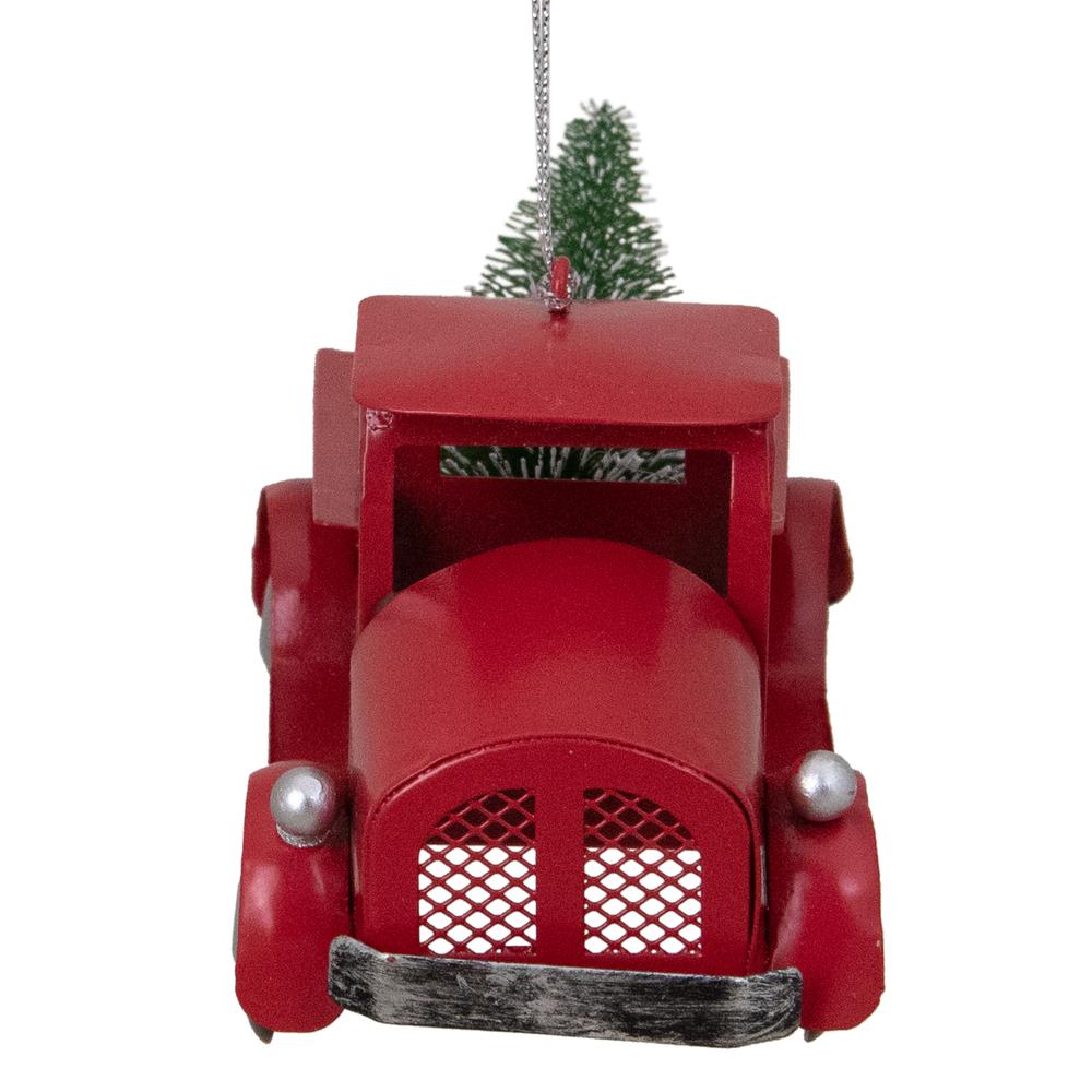 4.5" Red Vintage Style Truck with Frosted Tree Christmas Ornament. Picture 6