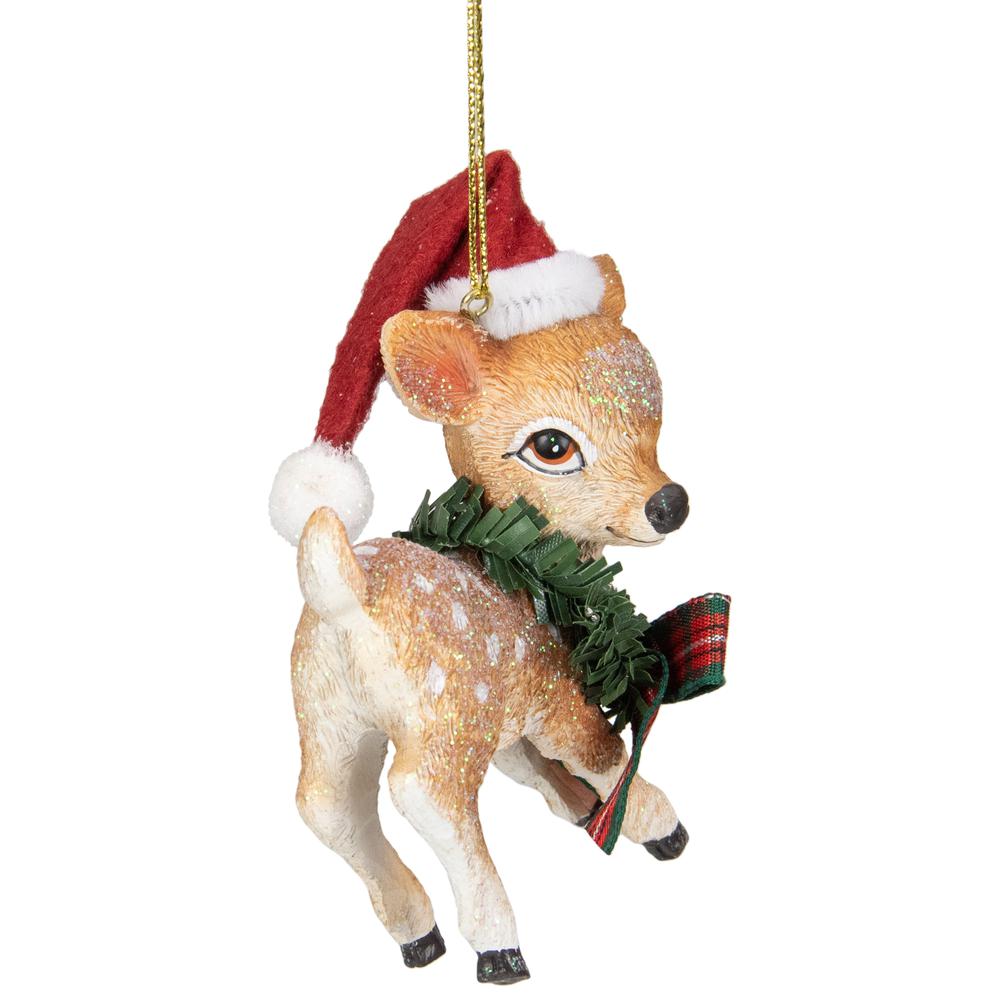 3" Fawn Reindeer Wearing Santa Hat and Plaid Bow Christmas Ornament. Picture 6