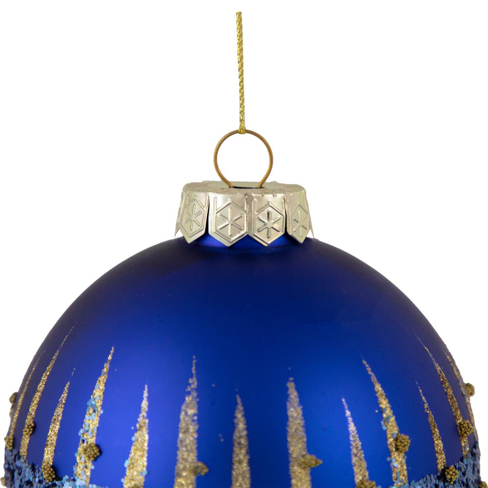 4" Blue and Gold Glitter Glass Ball Christmas Ornament. Picture 6