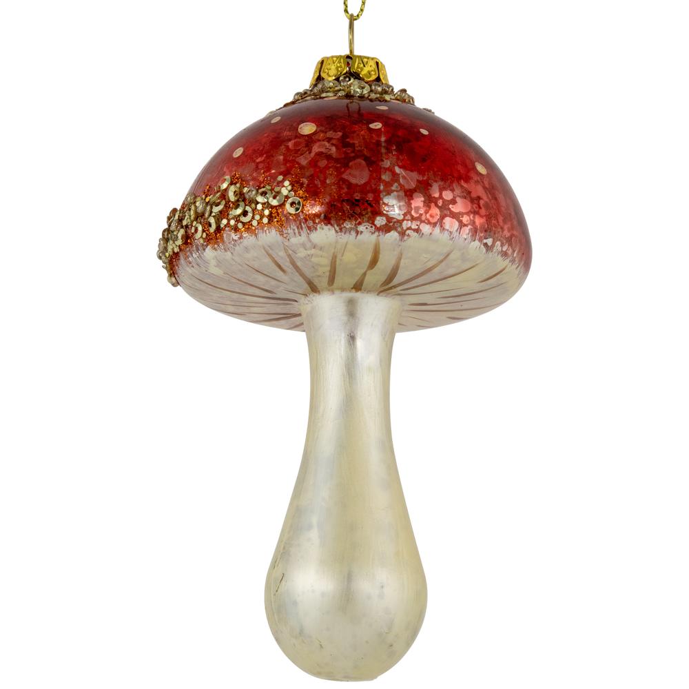 5" Sequined Mushroom Glass Christmas Ornament. Picture 6