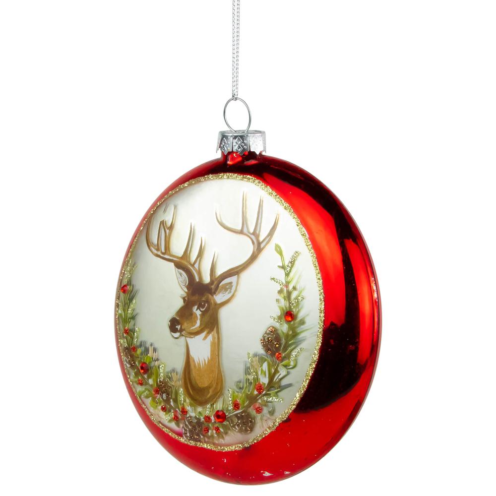 4" Glittered Reindeer Glass Christmas Disc Ornament. Picture 6