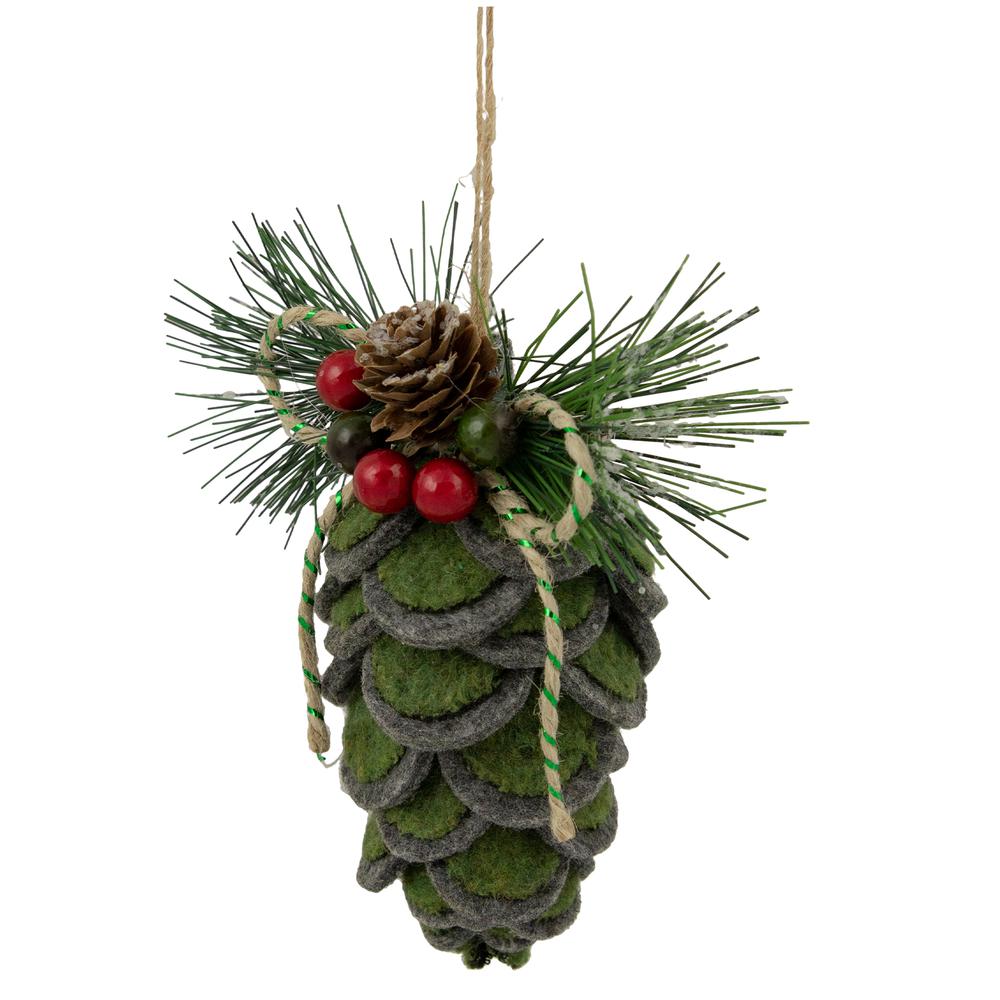 6" Green Felt Pine Cone with Berries Christmas Ornament. Picture 6