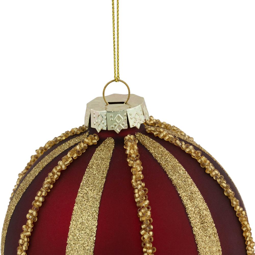 Set of 2 Burgundy and Gold Striped Beaded Christmas Glass Ball Ornaments 4". Picture 6