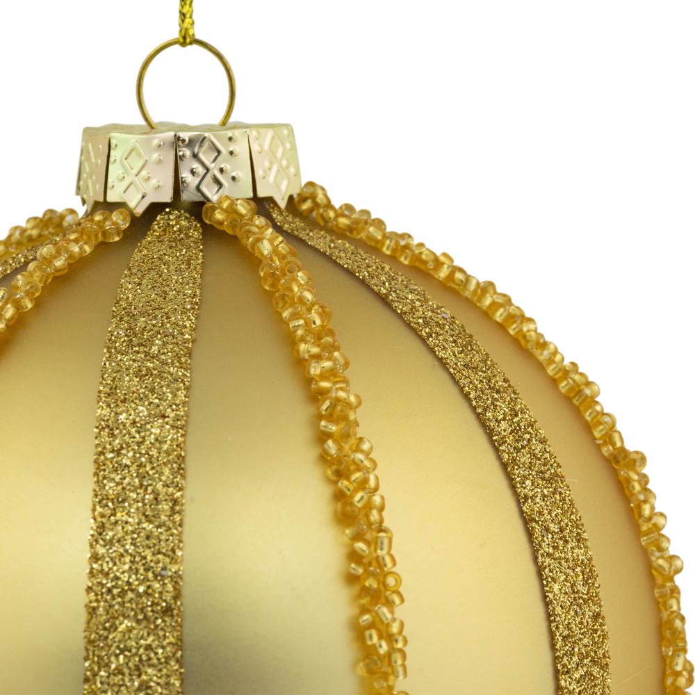 Set of 2 Gold Striped Glittered Glass Christmas Ball Ornaments 4". Picture 6