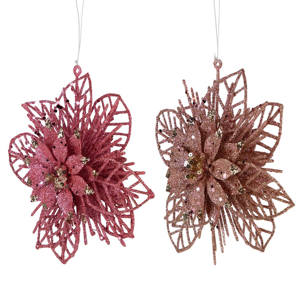 Pack of 4 Glittered Pink Poinsettia Christmas Ornaments 6". Picture 6