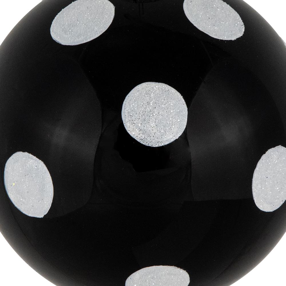 Set of 2 Black and White Glittered Polka Dot Glass Christmas Ball Ornaments 4". Picture 6
