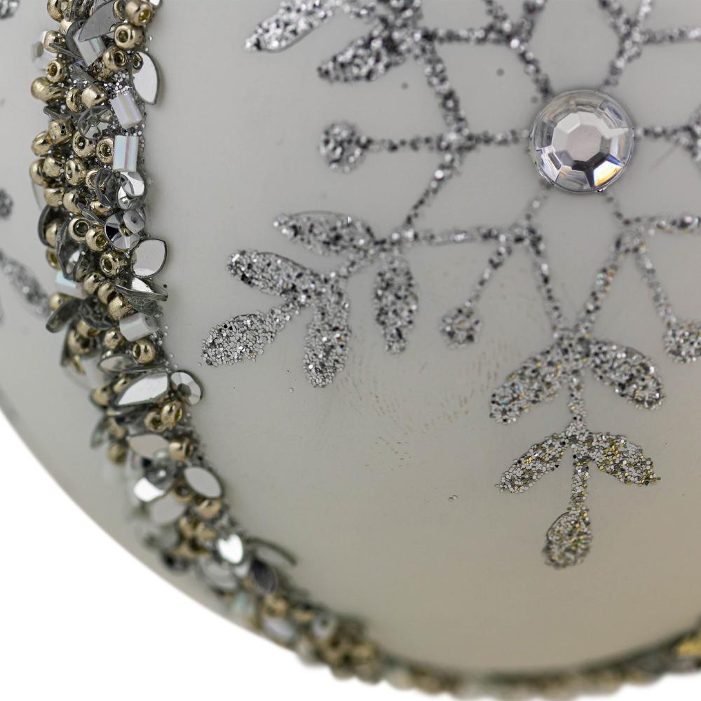 Set of 2 Matte White Sequin Glitter Snowflake Glass Christmas Ornaments 4". Picture 6
