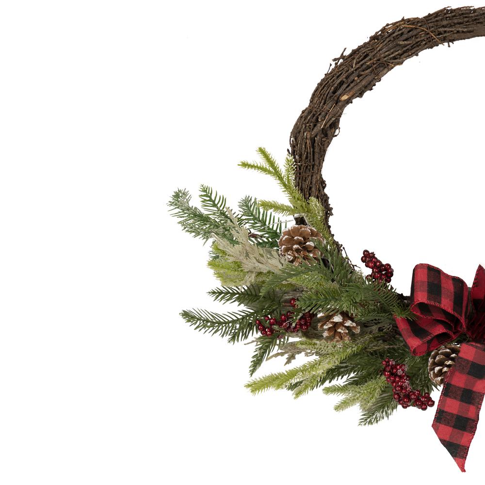 Icy Winter Foliage and Plaid Bow Artificial Christmas Twig Wreath 23 inch Unlit. Picture 6