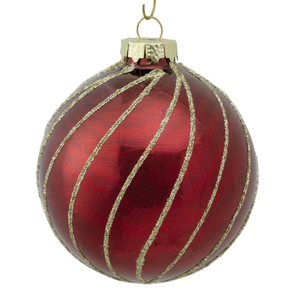 4ct Burgundy Red and Gold Glitter Striped Glass Ball Ornaments 3" (76mm). Picture 6