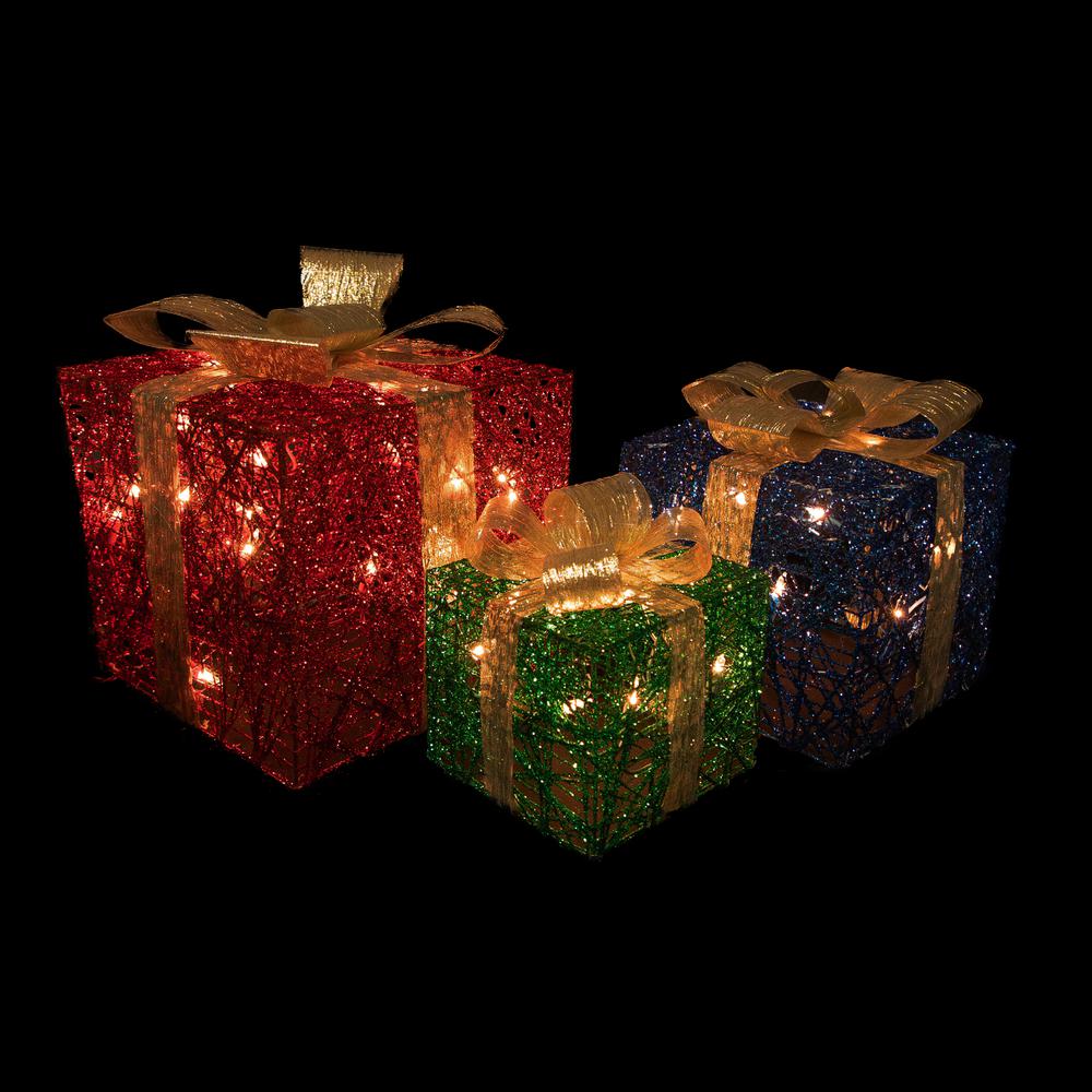 Set of 3 Lighted Red  Blue and Green Gift Boxes Christmas Decorations 9.75". Picture 6
