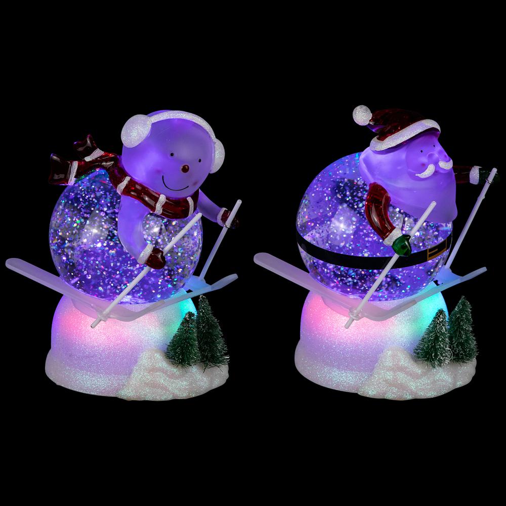 Set of 2 Lighted Skiing Santa and Snowman Glittered Christmas Snow Globes 7". Picture 6
