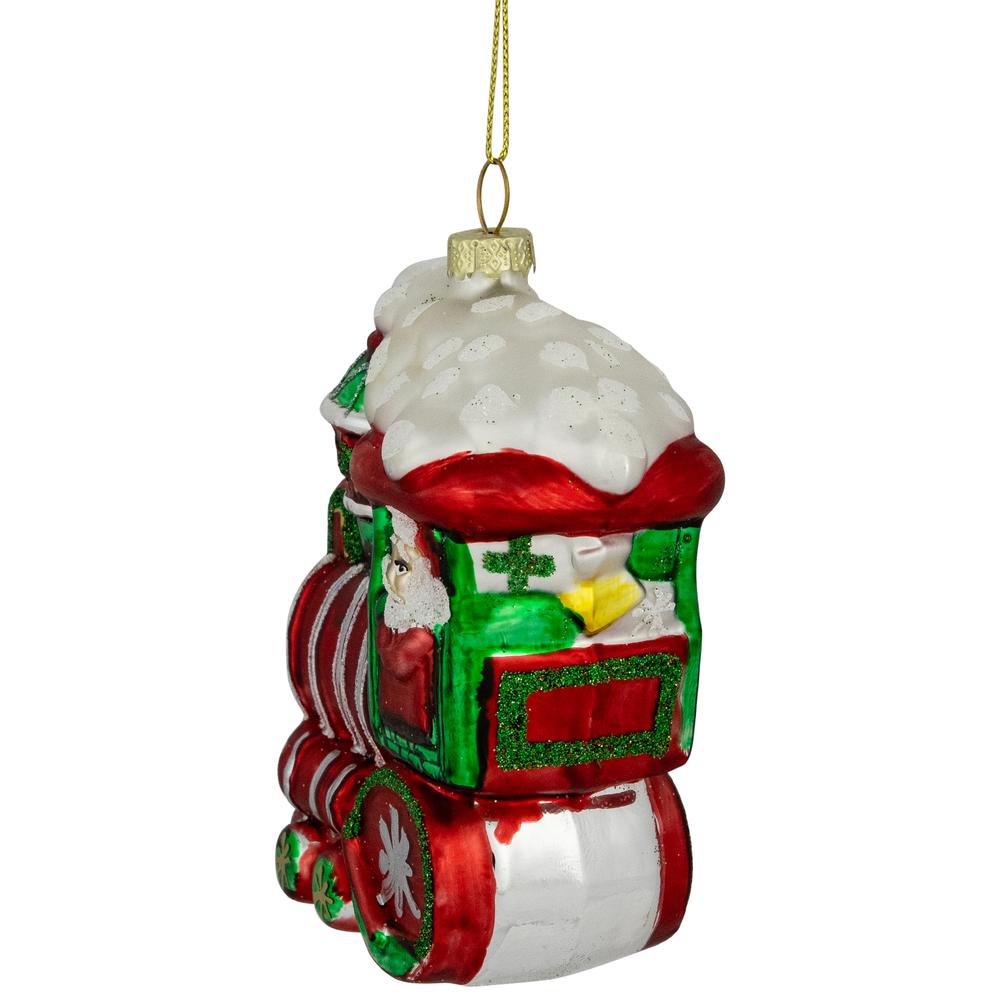 4.5" Red and Green Glittered Train Christmas Glass Hanging Ornament. Picture 6