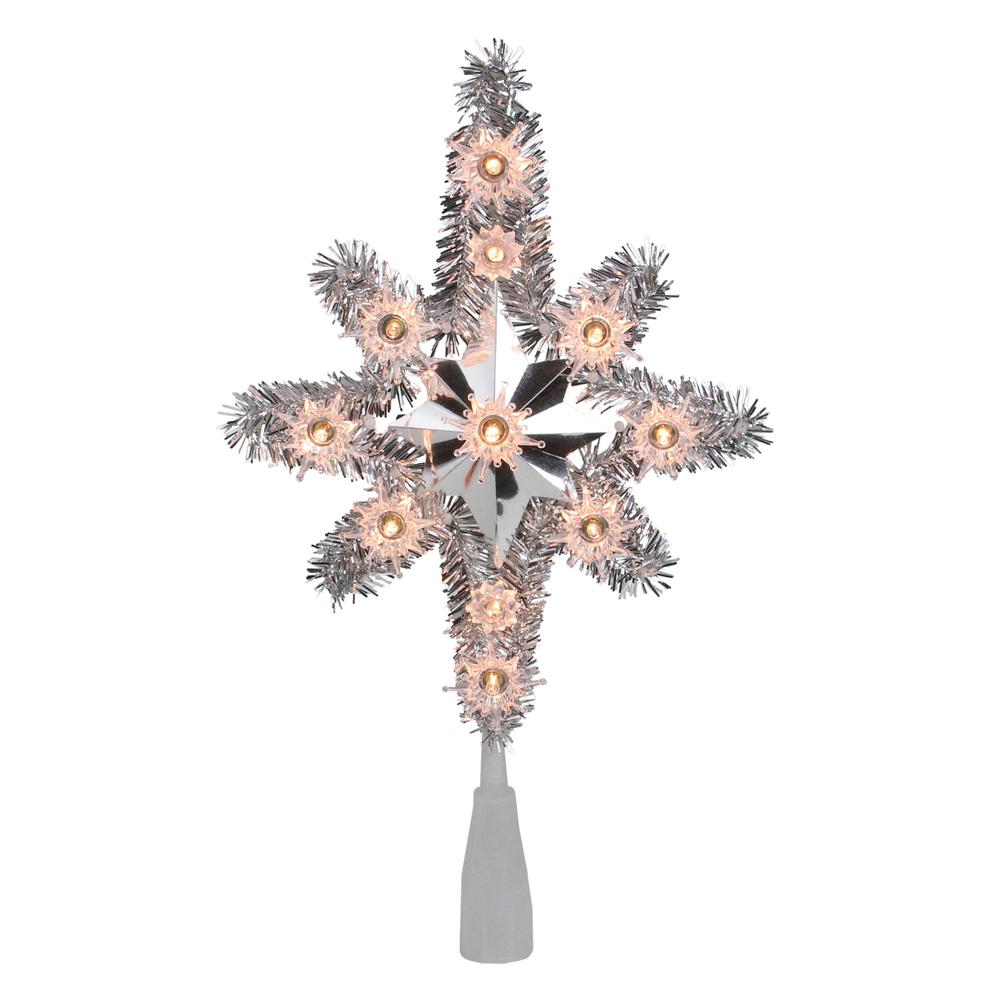 11" Silver Lighted Tinsel Star of Bethlehem Christmas Tree Topper - Clear Lights. Picture 3