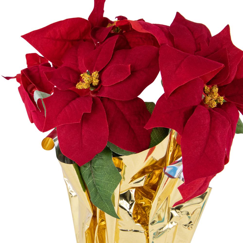 16" Red Artificial Christmas Poinsettia Arrangement with Gold Wrapped Pot. Picture 6