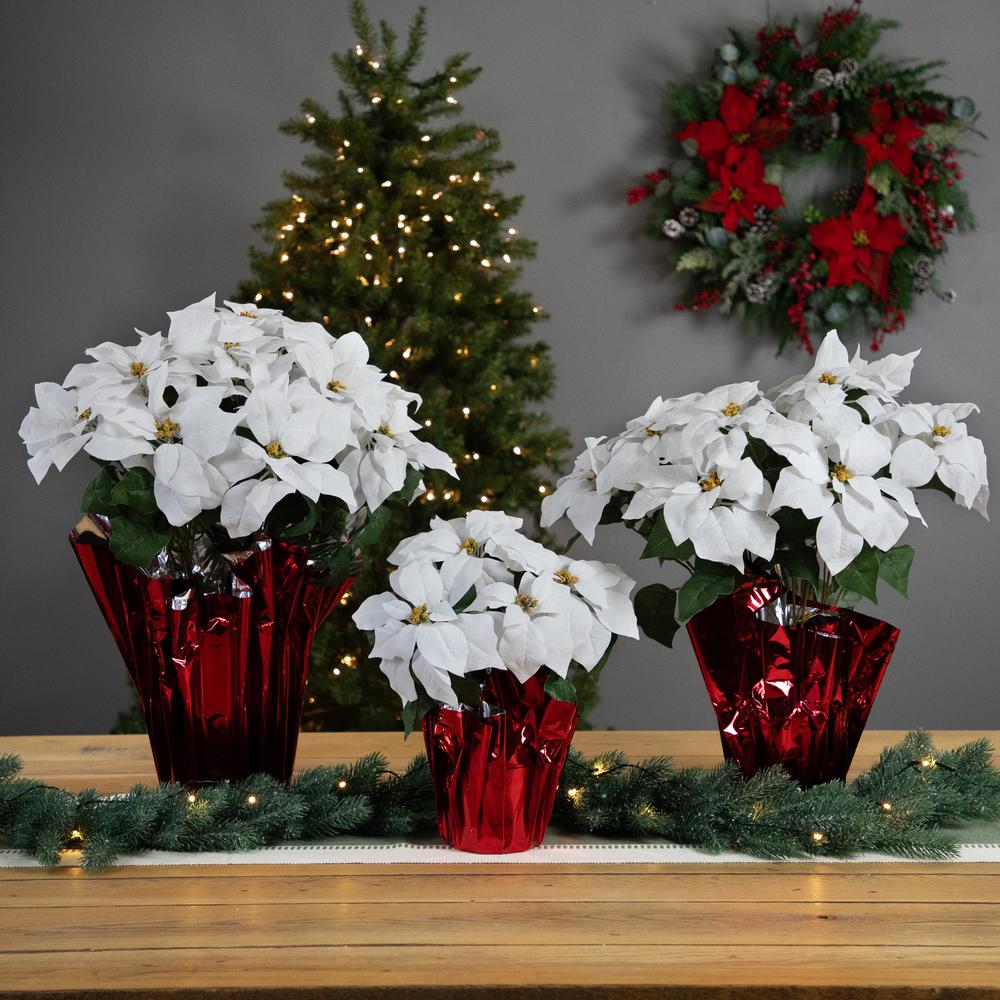 22" White Artificial Christmas Poinsettia Flowers with Red Wrapped Base. Picture 3