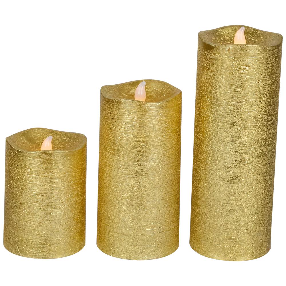Set of 3 Brushed Golden LED Flameless Christmas Pillar Candles 8". Picture 6