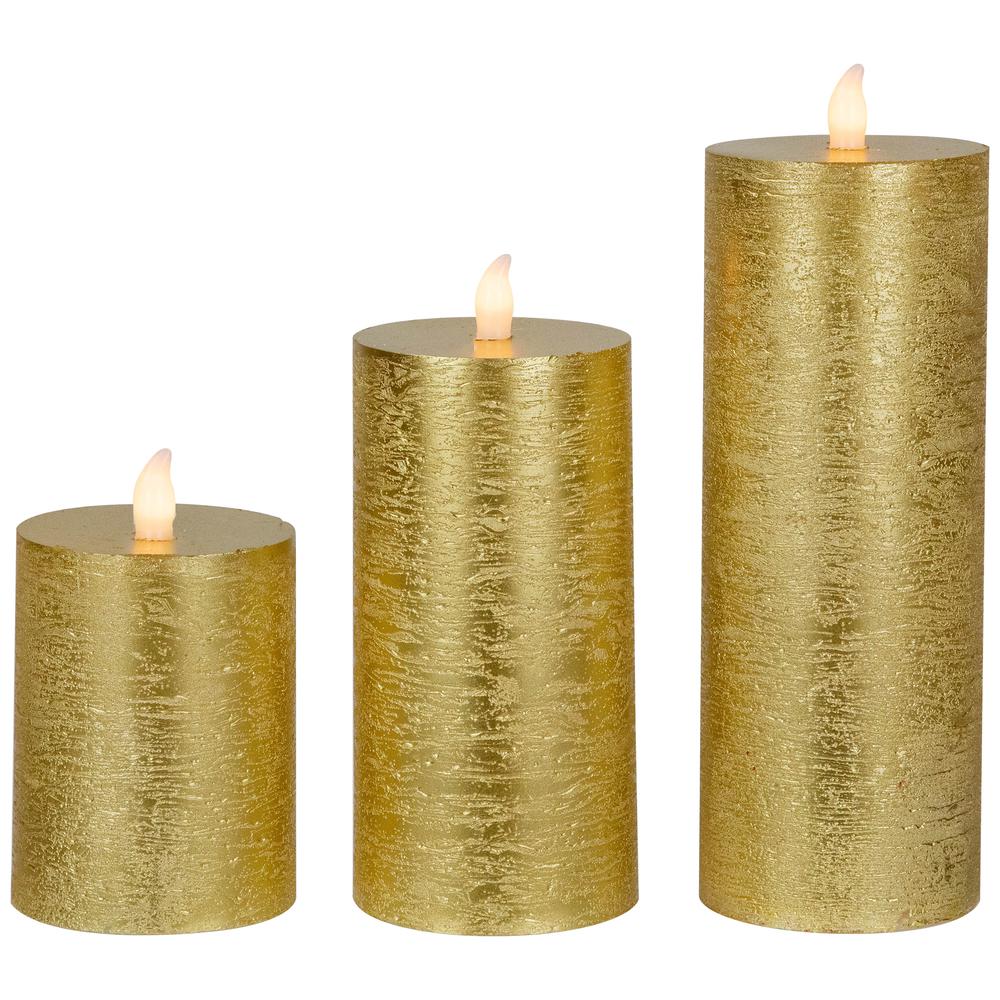 Set of 3 Gold LED Flickering Flameless Pillar Christmas Candles 8.75". Picture 6