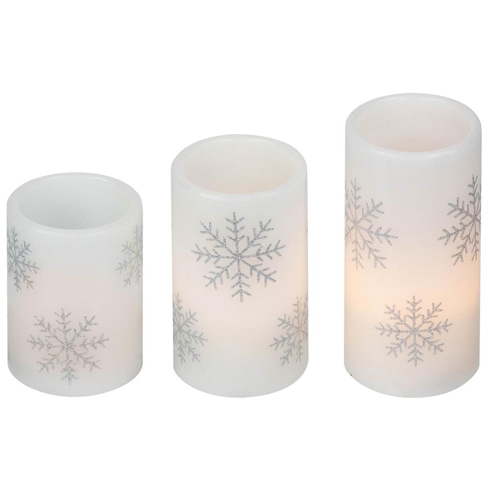 Set of 3 Flameless Silver Snowflakes LED Christmas Wax Pillar Candles 6". Picture 6