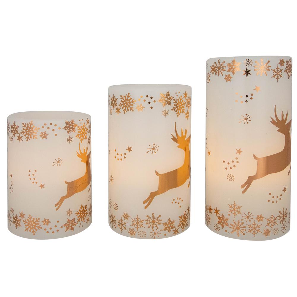 Set of 3 White Reindeer Flameless Flickering LED Christmas Wax Pillar Candles 6". Picture 6