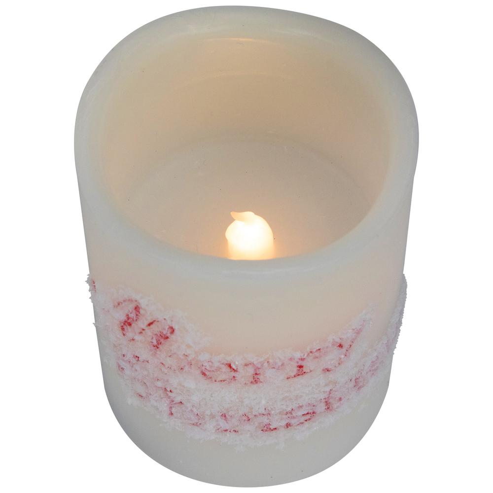 Set of 3 Frosted White "Merry Christmas" Flameless LED Wax Pillar Candles 6". Picture 6