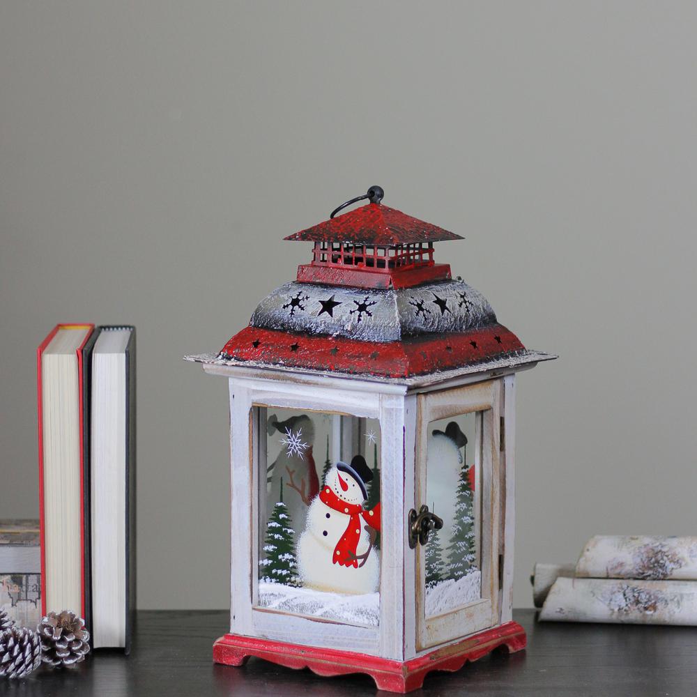 14.5" Red and White Snowman Christmas Candle Lantern. Picture 6