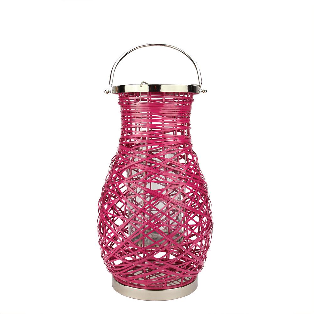 18.5" Modern Fuchsia Pink Decorative Woven Iron Pillar Candle Lantern with Glass Hurricane. Picture 1