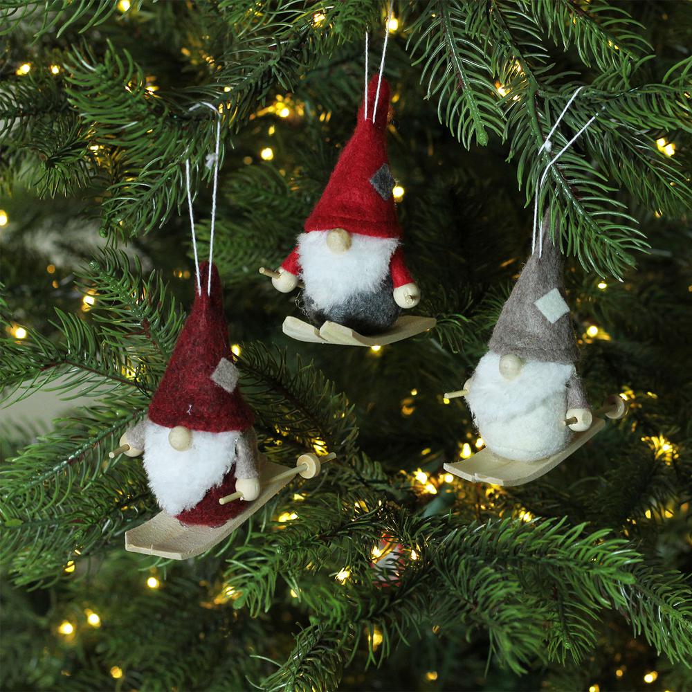 Set of 3 Red and Gray Skiing Gnome Christmas Ornaments 4". Picture 4