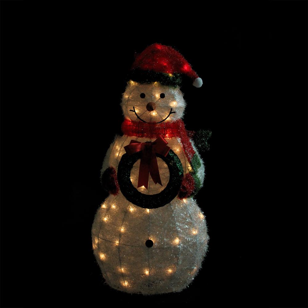 38" Lighted White and Red Tinsel Snowman with Wreath Outdoor Christmas Decoration. Picture 2