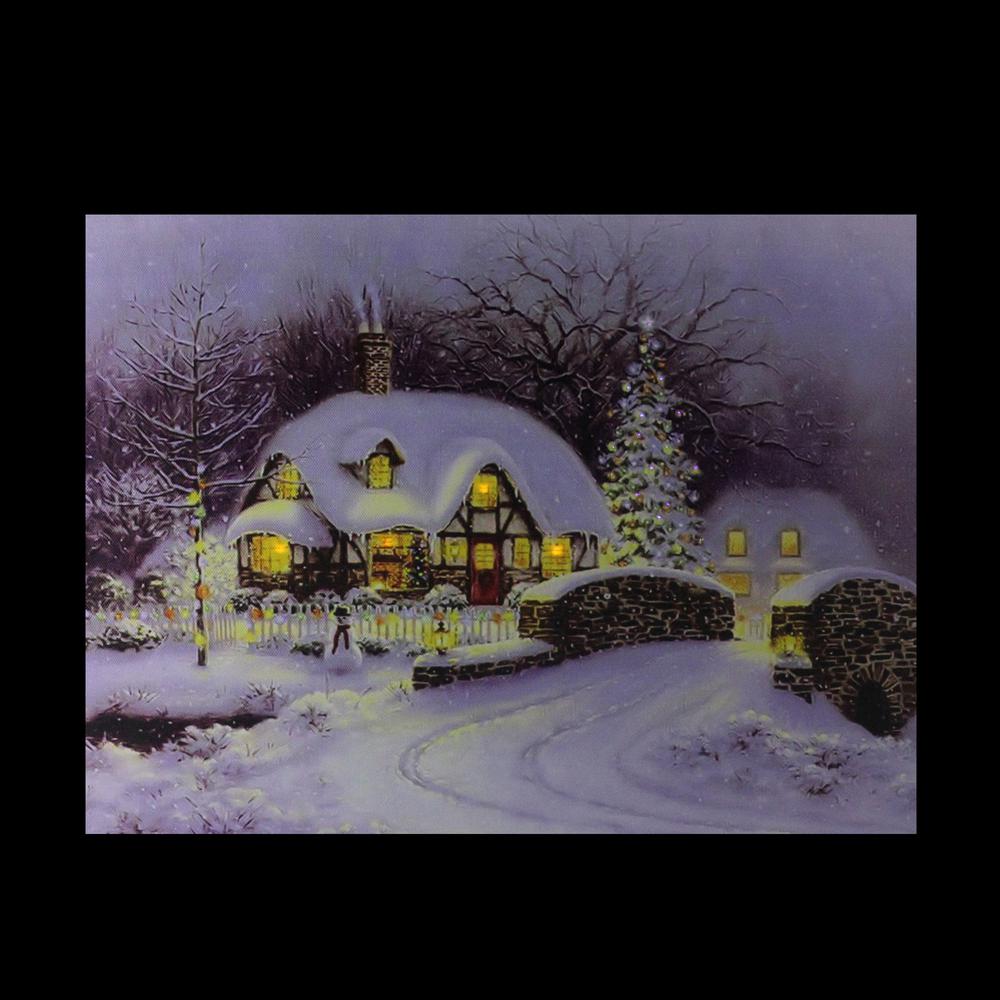 Fiber Optic and LED Lighted Snowy Christmas House Canvas Wall Art 12" x 15.75". Picture 3